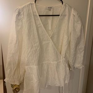 Madewell Embroidered Puff-Sleeve Peplum Wrap Top